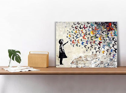 Graffiti Street Wall Art Banksy Painting Artwork Framed Girl with Butterfly Wall Decor Canvas Prints Street Art Picture for Kid Room Bedroom Ready to Hang 18" Wx24 H
