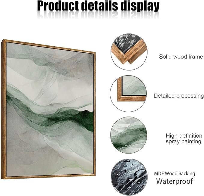 myusuar 3 Piece Large Abstract Framed Wall Art For Living Room, Smoke Texture Ink Teal Soft Green Canvas Wall Art Modern Minimalist Art Prints Wall Décor For Bedroom Office 24x36in