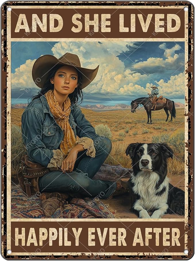 Cowgirl Metal Tin Signs and She Lived Happily Ever After Decorative Poster Wall Art Decoration for Home Bar Club Coffee shop 16x12 Inch