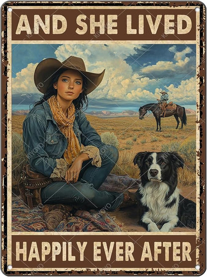Cowgirl Metal Tin Signs and She Lived Happily Ever After Decorative Poster Wall Art Decoration for Home Bar Club Coffee shop 16x12 Inch