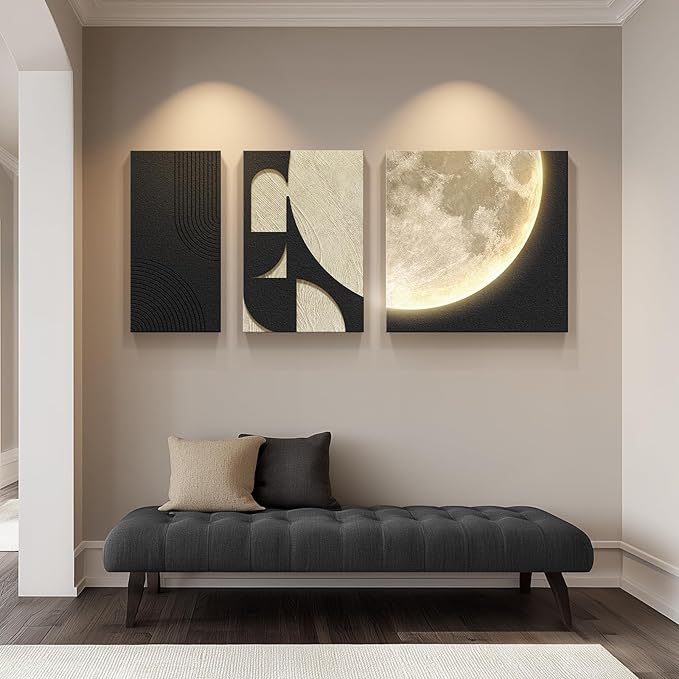3D LED Abstract Wall Art for Living Room, 3 Piece Neutral Geometric Relief Artwork with Moon Design, Modern Minimalist Black Beige Paintings Wall Decor for Bedroom Dining Room Hallway Entryway Office