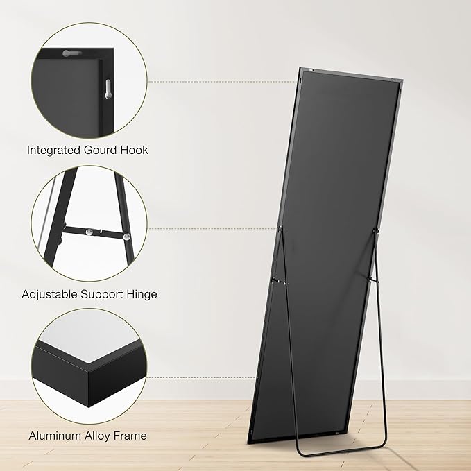 DUMOS Full Length Mirror 64"x21" Full Body Floor Mirror for Bedroom or Cloakroom, Can Stand Alone, Hang or Lean Against Wall, Tall Wall Mirror with Stand, Black
