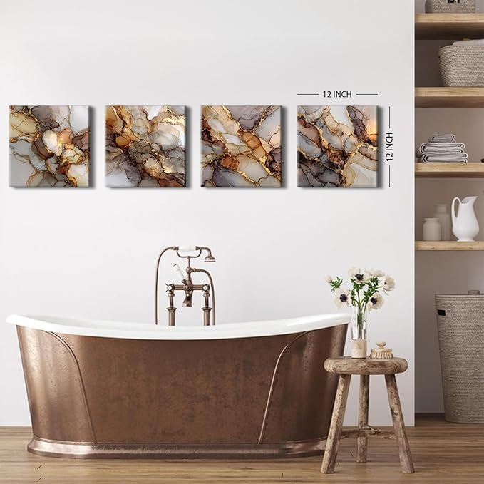Gold Abstract Canvas Wall Art Marble Paintings Wall Decor Modern Fluid Texture Pictures for Walls Modern Home Decor Luxury Posters for Living Room Bedroom Office Artwork Decorations 12x12” 4 Pcs