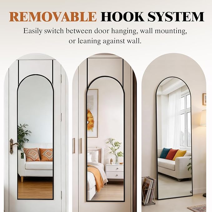 DUMOS Full Length Mirror 47x14 Inches - Arched Full Body Door Hanging Wall Mounted Aluminum Alloy Frame Mirror for Bedroom, Dressing Room, Entryway, Black