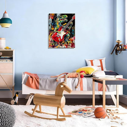 12x16 Graffiti Rock Music T-Rex Wall Art Modern Abstract Dinosaur Canvas Print Colorful Child Funny Pop Home Decor Bedroom Colorful Kids Wall Posters for Boys Room Bathroom Picture Men Office Room Painting