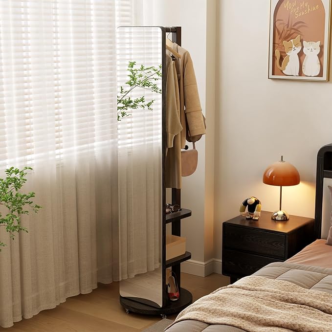 WoodsWhisper Full Length Mirror Coat Rack Solid Wood Floor Mirror 66"x12" Full Length Mirror with Stand Long Mirrors for Bedroom,Living Room (Black-Mobile, 66" Lx12 W)