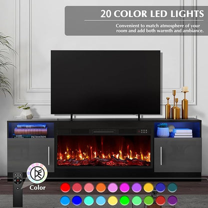 LEMBERI Fireplace tv Stand with 36 inch Fireplace Up to 80" TVs,LED Light Entertainment Center and Storage, 70" Modern Wood Media TV Console with Highlight Cabinet for Living Room (Black)