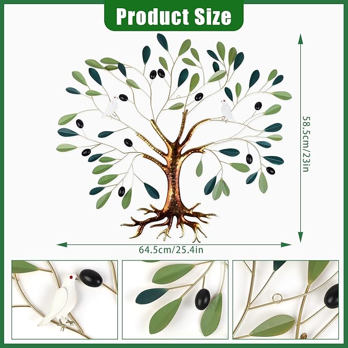 Fangoo Metal Green Olive Tree Metal Wall Art Tree of Life Home Decor with Dove of Peace 22 x 26 Large Olive Branches Lifelike Fruits Wall Hanging for Living Bedroom Garden Porch Office Wall Decor