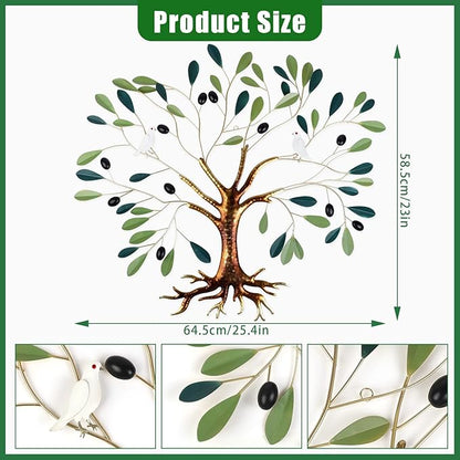 Fangoo Metal Green Olive Tree Metal Wall Art Tree of Life Home Decor with Dove of Peace 22 x 26 Large Olive Branches Lifelike Fruits Wall Hanging for Living Bedroom Garden Porch Office Wall Decor