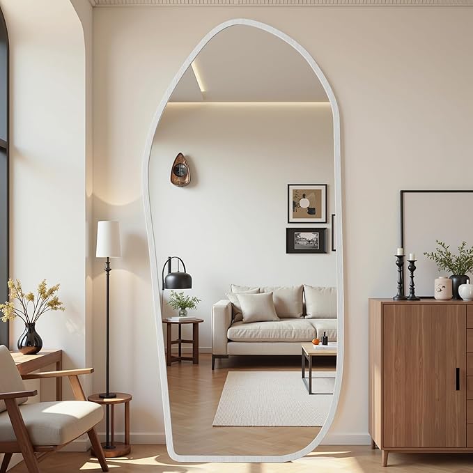 Suidia Full Length Mirror, Oversized Floor Mirror with Solid Wood Frame, Large Standing Mirror for Bedroom Living Room, Wood Art Style, White, 74" L x 32" W