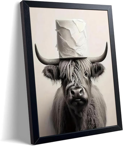 ARKZSHO Black and White Bathroom Wall Art, Funny Highland Cow Canvas Poster Print Picture, Modern Farmhouse Wall Decor Painting, Cute Animal Bathroom Restroom Home Decoration 12x16 Inch Wood Framed