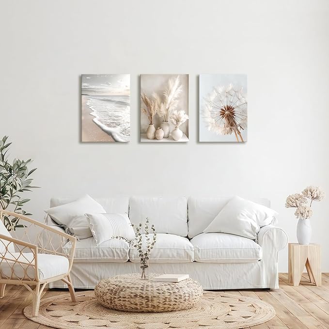3 Pcs Beach Coastal Sunset Wall Art for Living Room, Modern Beige Dandelion Reeds Botanical Wall Pictures Aesthetic Nature Landscape Wall Painting Art Prints for Bedroom Office Home Decor 16"x24"x3Pcs