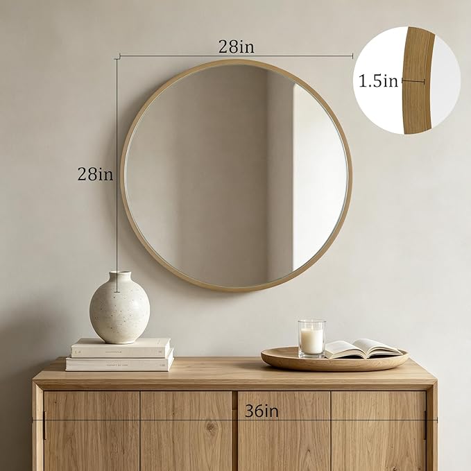 HOMECOOKIN Round Wood Mirror, 28" Round Bathroom Wall Mirror Circle Mirrors for Wall Decor, Vanity, Living Room, Bedroom, Entryway, Natural