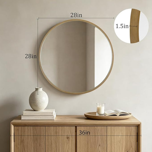 HOMECOOKIN Round Wood Mirror, 28" Round Bathroom Wall Mirror Circle Mirrors for Wall Decor, Vanity, Living Room, Bedroom, Entryway, Natural