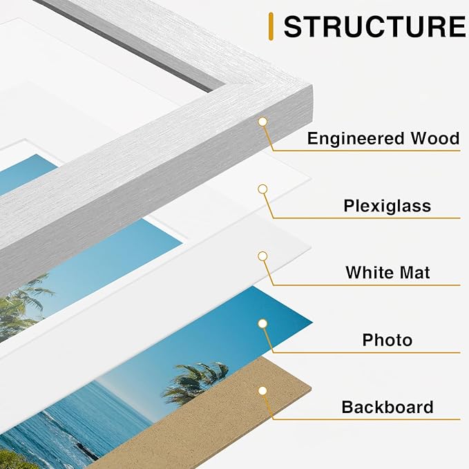 Vittanly 8x10 Picture Frames Set of 9, Shatter Resistant Plexiglass, Display 5x7 Pictures with Mat or 8x10 without Mat, Photo Frames for Wall or Tabletop, Engineered Wood, Silver