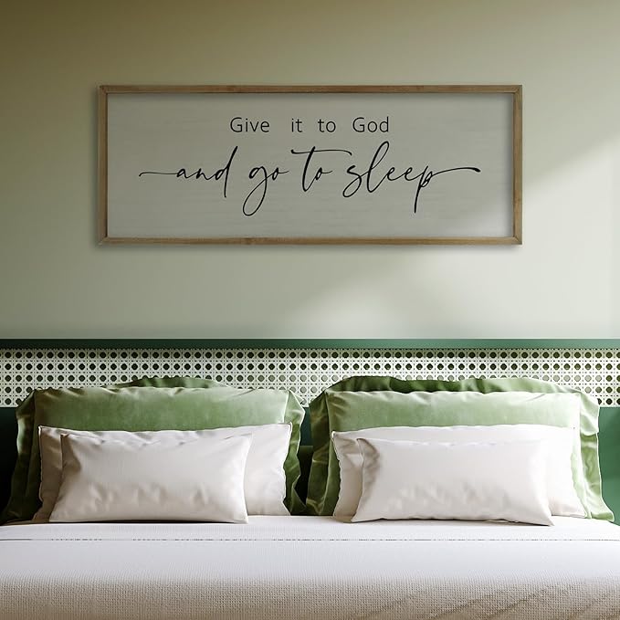 FZMHASLWW Give It To God And Go To Sleep Sign Above Bed Wall Decor 32"×12" Master Bedroom Over Bed Rustic Bible Verse Christian God Holy Catholic Farmhouse Horizontal Wall Art (Wood)