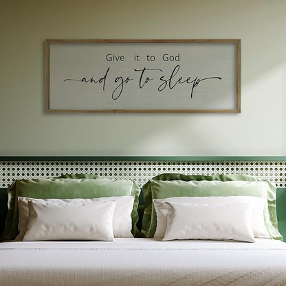 FZMHASLWW Give It To God And Go To Sleep Sign Above Bed Wall Decor 32"×12" Master Bedroom Over Bed Rustic Bible Verse Christian God Holy Catholic Farmhouse Horizontal Wall Art (Wood)