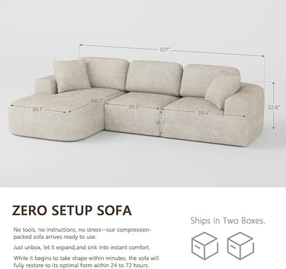Dowinx 107'' Modular Sectional Sofa Couch with Chaise, No Assembly Required, Modern Bouclé-Inspired Upholstery, Convertible L-Shaped Design for Living Room – Oatmeal Beige