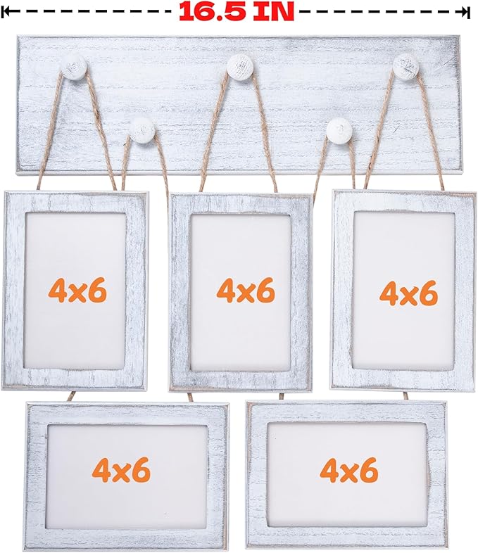 4x6 Picture Frames Collage for Wall Set of 5, Rustic Farmhouse Distressed Solid Wood Photo Frames, White Vintage Wooden Frames for Wall & Tabletop Display, Gallery Wall Decor for Living Room Bedroom