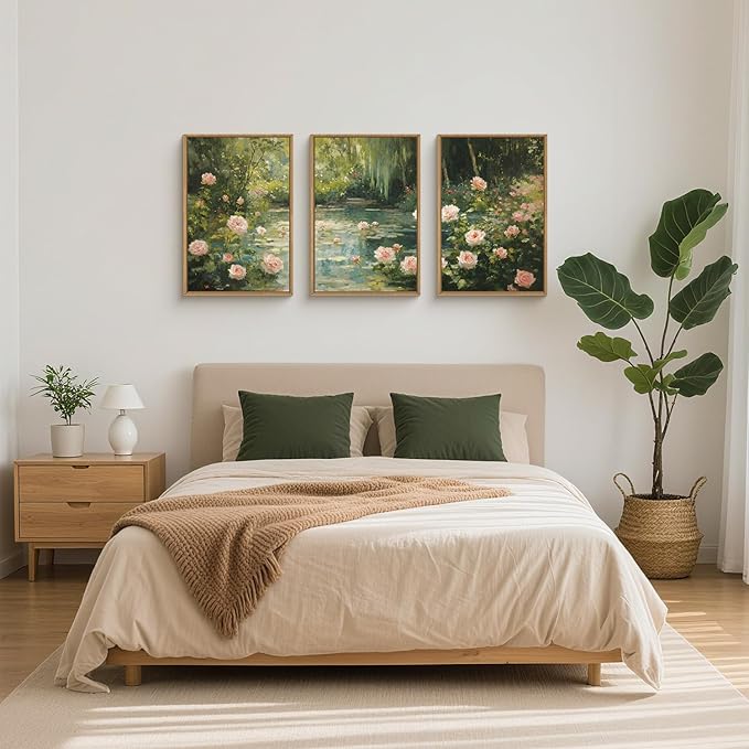 Aryroi Water Lilies Monet Framed Canvas Wall Art Set,Garden Pond Impressionist Floral Wall Decor,Vintage Oil Green Vibrant Flower Botanical Artwork for Living Room, Bedroom,Farmhouse- 16"x24"x3