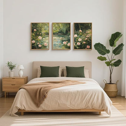 Aryroi Water Lilies Monet Framed Canvas Wall Art Set,Garden Pond Impressionist Floral Wall Decor,Vintage Oil Green Vibrant Flower Botanical Artwork for Living Room, Bedroom,Farmhouse- 24"x36"x3