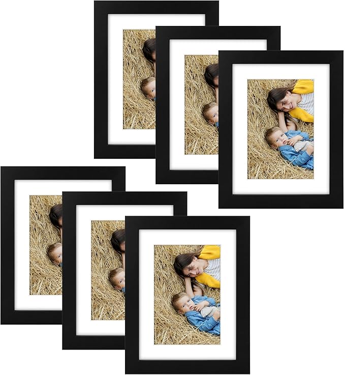 Golden State Art, 6x8 Picture Frame Set of 6 - Matted to 4x6 Photo - Engineered Wood Gallery Frame Set - Wall Mounting or Tabletop Display (Black,6 Pack)