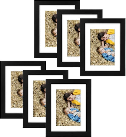 Golden State Art, 6x8 Picture Frame Set of 6 - Matted to 4x6 Photo - Engineered Wood Gallery Frame Set - Wall Mounting or Tabletop Display (Black,6 Pack)