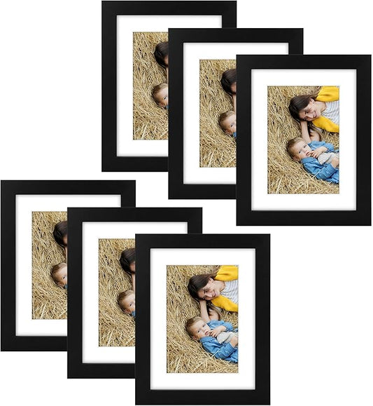 Golden State Art, 6x8 Picture Frame Set of 6 - Matted to 4x6 Photo - Engineered Wood Gallery Frame Set - Wall Mounting or Tabletop Display (Black,6 Pack)