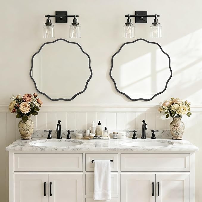 HOMECOOKIN 24" Wavy Round Wall Mirror, Black Scalloped Circle Mirror Edge Round with Metal Frame, Modern Decorative Hanging/Leaning Mirrors for Bathroom, Hotels, Hallway, Entryway, Vanity, Office