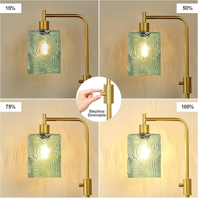 【Upgraded】 Dimmable Glass Floor Lamp for Living Room, Modern Gold Standing Lamp with Green Feather Glass Lampshade & Knob Dimmer, Arc Tall Lamp for Bedroom Office Reading Room, 2700K Led Bulb Included