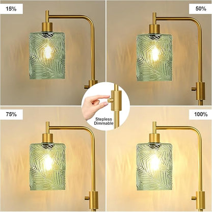 【Upgraded】 Dimmable Glass Floor Lamp for Living Room, Modern Gold Standing Lamp with Green Feather Glass Lampshade & Knob Dimmer, Arc Tall Lamp for Bedroom Office Reading Room, 2700K Led Bulb Included