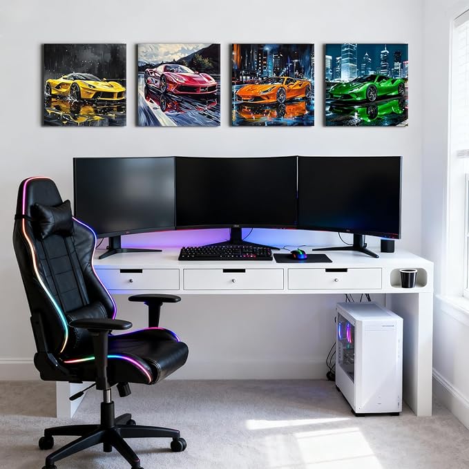 Sport Car Wall Art Car Posters for Boys Room Decor Supercar Pictures Wall Decor Cool Racing Paintings Canvas Prints Abstract Street Racing Vehicle Posters Artwork Teens Men Office Decoration 12x12" 4P
