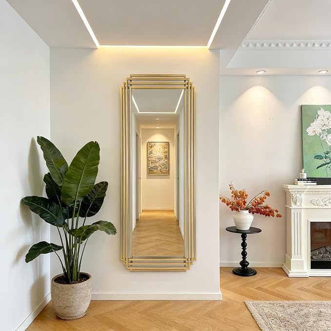 Large Geometric Wall Mirror, 67"x26" Modern Rectangle Full Length Mirror with Gold Metal Frame, Elegant Art Deco Mirror for Living Room Entryway Hallway, Hangs Vertically or Horizontally