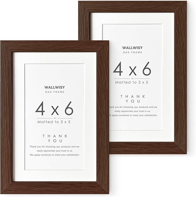 4x6 Picture Frame, Solid Oak Wood 4x6 Picture Frames with Mat to 3x5(Openning Size is 2.75x4.75), Natural Oak 6x4 Frame, (Walnut Set of 2)