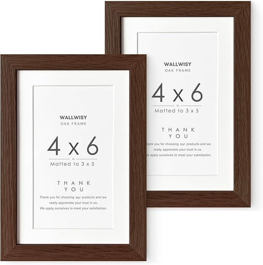 4x6 Picture Frame, Solid Oak Wood 4x6 Picture Frames with Mat to 3x5(Openning Size is 2.75x4.75), Natural Oak 6x4 Frame, (Walnut Set of 2)