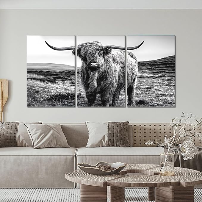 Yatsen Bridge Black and White Scottish Cow Canvas Wall Art Rustic Art Highland Cow Poster Wall Decor Vintage Farm Animal Artwork for Country Apartment Living Room Bedroom Decoration 24x36inchx3pcs