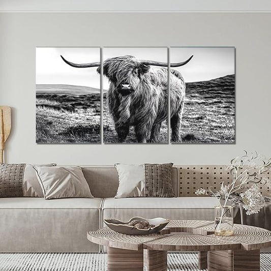 Yatsen Bridge Black and White Scottish Cow Canvas Wall Art Rustic Art Highland Cow Poster Wall Decor Vintage Farm Animal Artwork for Country Apartment Living Room Bedroom Decoration 24x36inchx3pcs