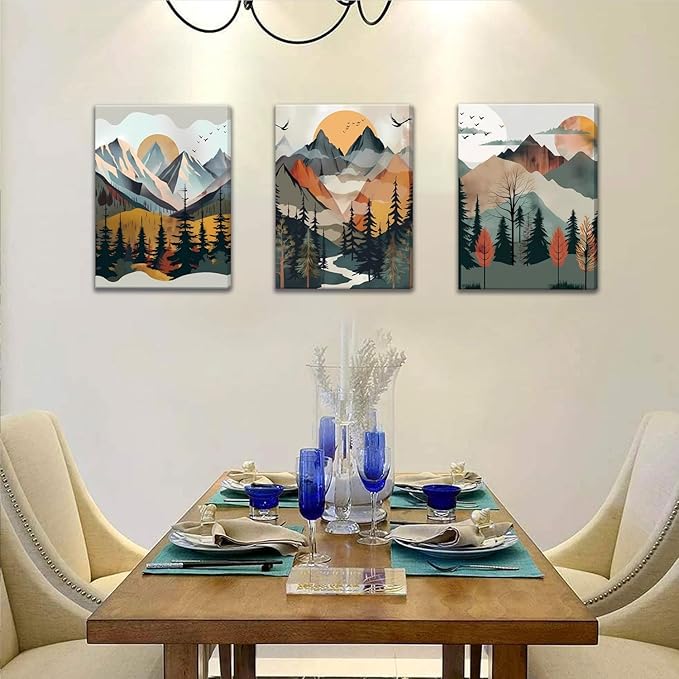 Mountain Canvas Wall Art Set of 3, Boho Sun Forest Abstract Nature Landscape Artwork Wall Decor, Watercolor Posters Prints Painting Picture Artwork for Living Room Bedroom Office 12 x16 In Framed