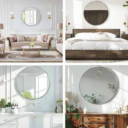 Silver Round Mirror, 28 Inch Silver Circle Mirror, Metal Frame Round Wall Mounted Mirrors for Bathroom, Living Room, Bedroom, Entryway, Vanity, Chrome, Nickel