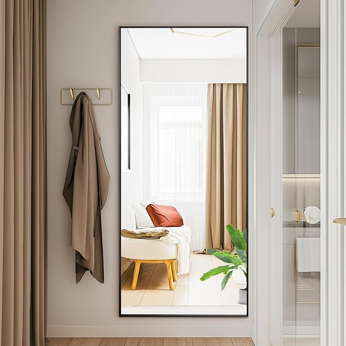 NEWBULIG Mirror Full Length, 56"x21" Body Wall Mirrors with Shatter-Proof Glass, Upgraded Floor Standing Mirror, Hanging or Leaning, with Stand Aluminum Alloy Frame for Home Decor, Bedroom, Black