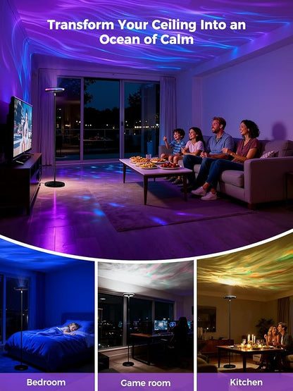 Smart Floor Lamp for Living Room, 66.8" RGB+WW Ripple Projector Floor Lamp for Bedroom, 3-in-1 LED Floor Lamp with RGB+IC Side Light & RA90 Reading Light, Dimmable Mood Light with App Control