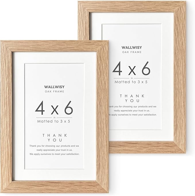 4x6 Picture Frame, Solid Oak Wood 4x6 Picture Frames with Mat to 3x5(Openning Size is 2.75x4.75), Natural Oak 6x4 Frame, Set of 2