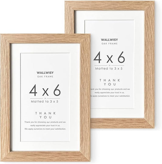 4x6 Picture Frame, Solid Oak Wood 4x6 Picture Frames with Mat to 3x5(Openning Size is 2.75x4.75), Natural Oak 6x4 Frame, Set of 2
