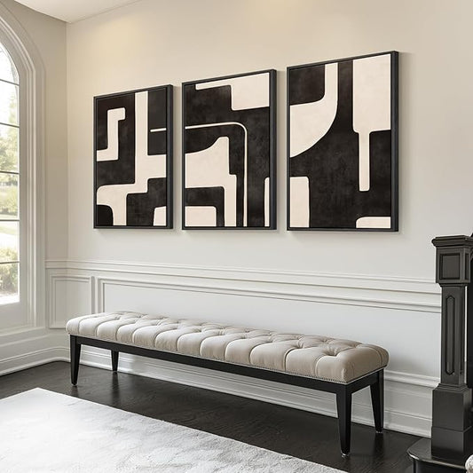 Large Framed Neutral Abstract Wall Art for Living Room, 3 Piece Black Beige Canvas Prints Paintings Artwork for Walls, Modern Minimalist Abstract Pictures for Hallway Office Wall Decor 24x36 In