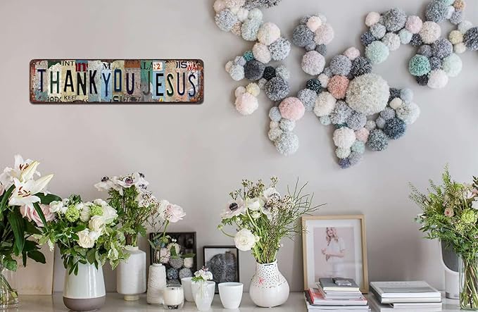 Vintage "Thank You Jesus" Metal Tin Sign - Religious Inspirational Wall Art for Home, Church, Prayer Room, Farmhouse Décor - 4x16 Inch