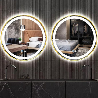 Gold Frame LED Round Mirror with Lights Smart Memory 3 Color Dimmable Anti-Fog 18 Inch Gold Framed Round Lighted Mirrors for Bathroom Wall Makeup Golden Circle Round Vanity Mirror with Light