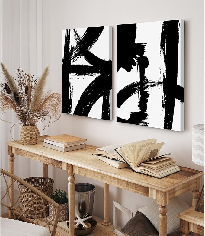 Black and White Wall Art Abstract Modern Painting Minimalist Line Canvas Wall Art Decor Black And White Poster Abstract Artwork Prints for Living Room Bedroom 16x24 Inch Wrapped Canvas Set of 2