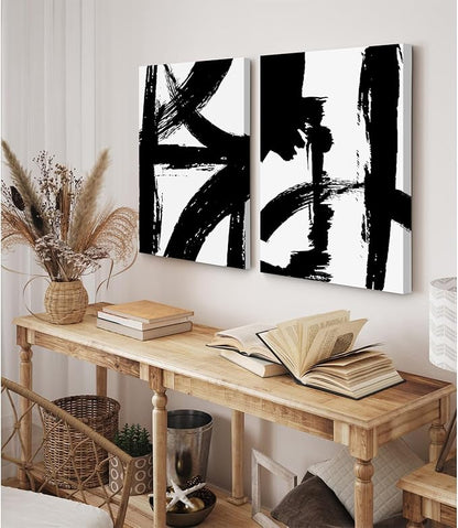 Black and White Wall Art Abstract Modern Painting Minimalist Line Canvas Wall Art Decor Black And White Poster Abstract Artwork Prints for Living Room Bedroom 16x24 Inch Wrapped Canvas Set of 2
