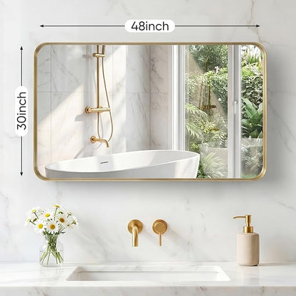 NEWBULIG 30X48 Inch Bathroom Mirror for Over Sink, Wall Vanity Mirrors Tempered Glass, Anti-Rust Metal Framed Rounded Rectangle, Hangs Horizontally or Vertically, Farmhouse Home Decor, Gold