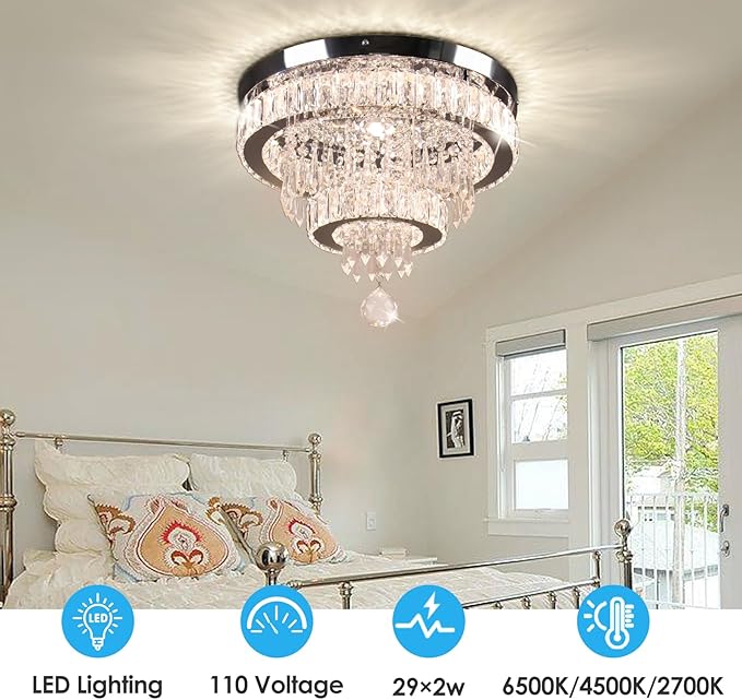 Crystal Chandeliers Modern Crystal Chandelier Flush Mount Ceiling Light Fixture with Remote Control for Bedroom Dining Room Living Room (16 inch Dimmable)